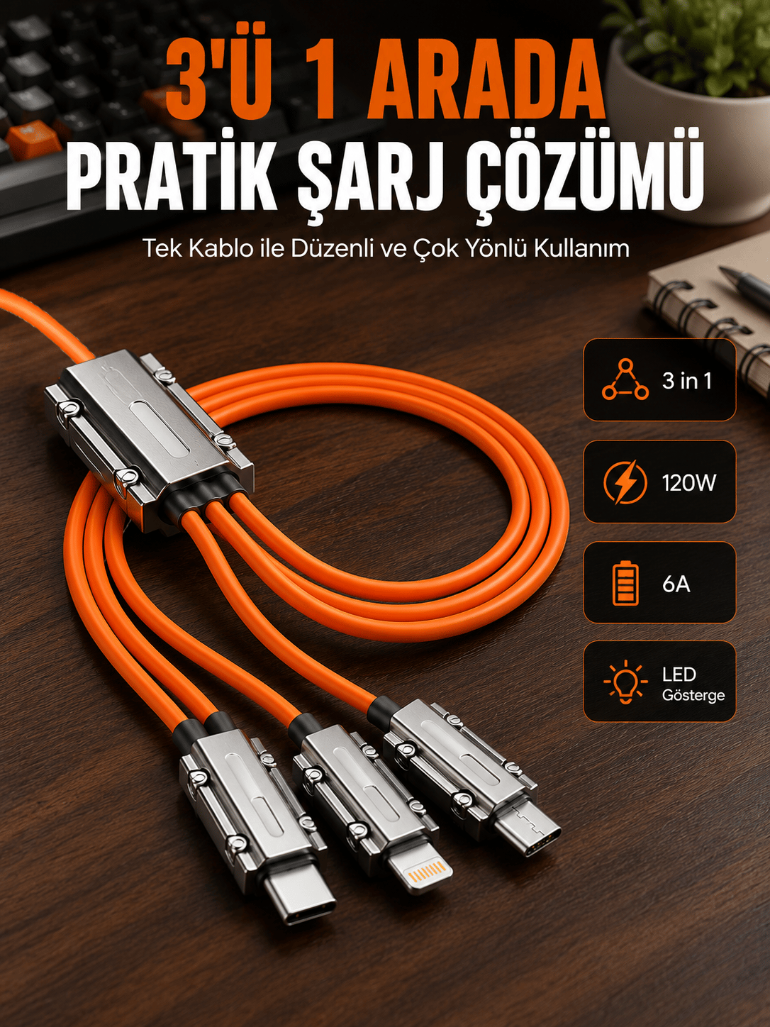 Yüksek Güç Aktarımı Sunan 6A Destekli Çoklu Bağlantı Şarj ve Veri Kablosu
