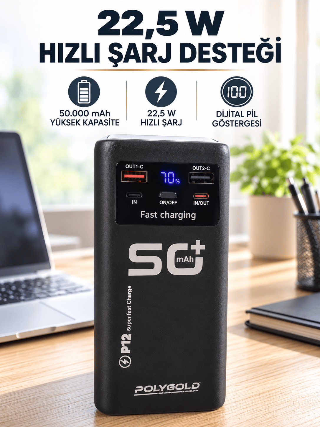 Yüksek Kapasiteli 50.000 mAh Powerbank 22,5 W Hızlı Şarj 4 Dahili Kablo LED Aydınlatma