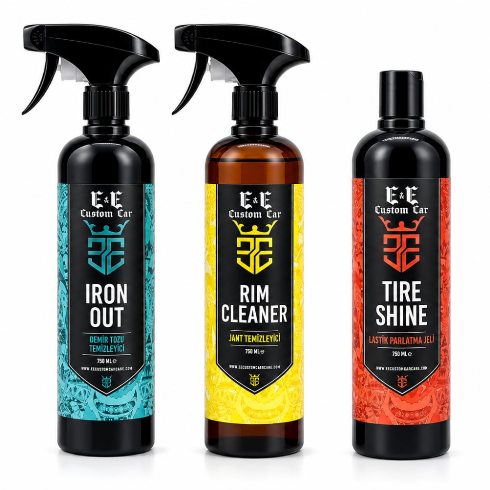 EE CUSTOM CAR IRON OUT DEMİR TOZU TEMİZLEYİCİ 700 ML, RİM CLEANER JANT TEMİZLEYİCİ 700 ML, TİRE SHİNE LASTİK PARLATICI 700 ML