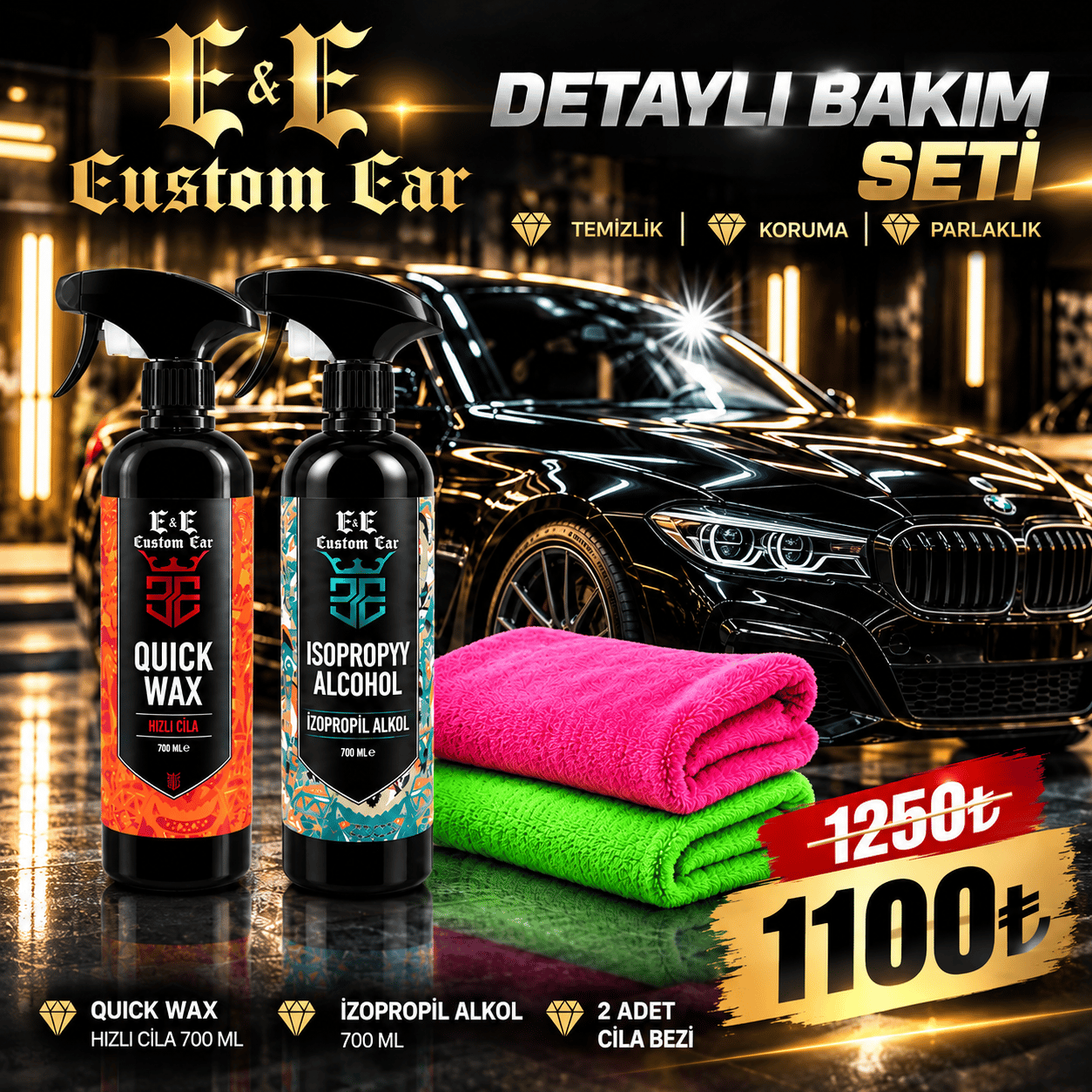 EE CUSTOM CAR İZOPROPİL ALKOL 700 ML + QUICK WAX 700 ML + MİKROFİBER CİLA BEZİ (2 ADET)