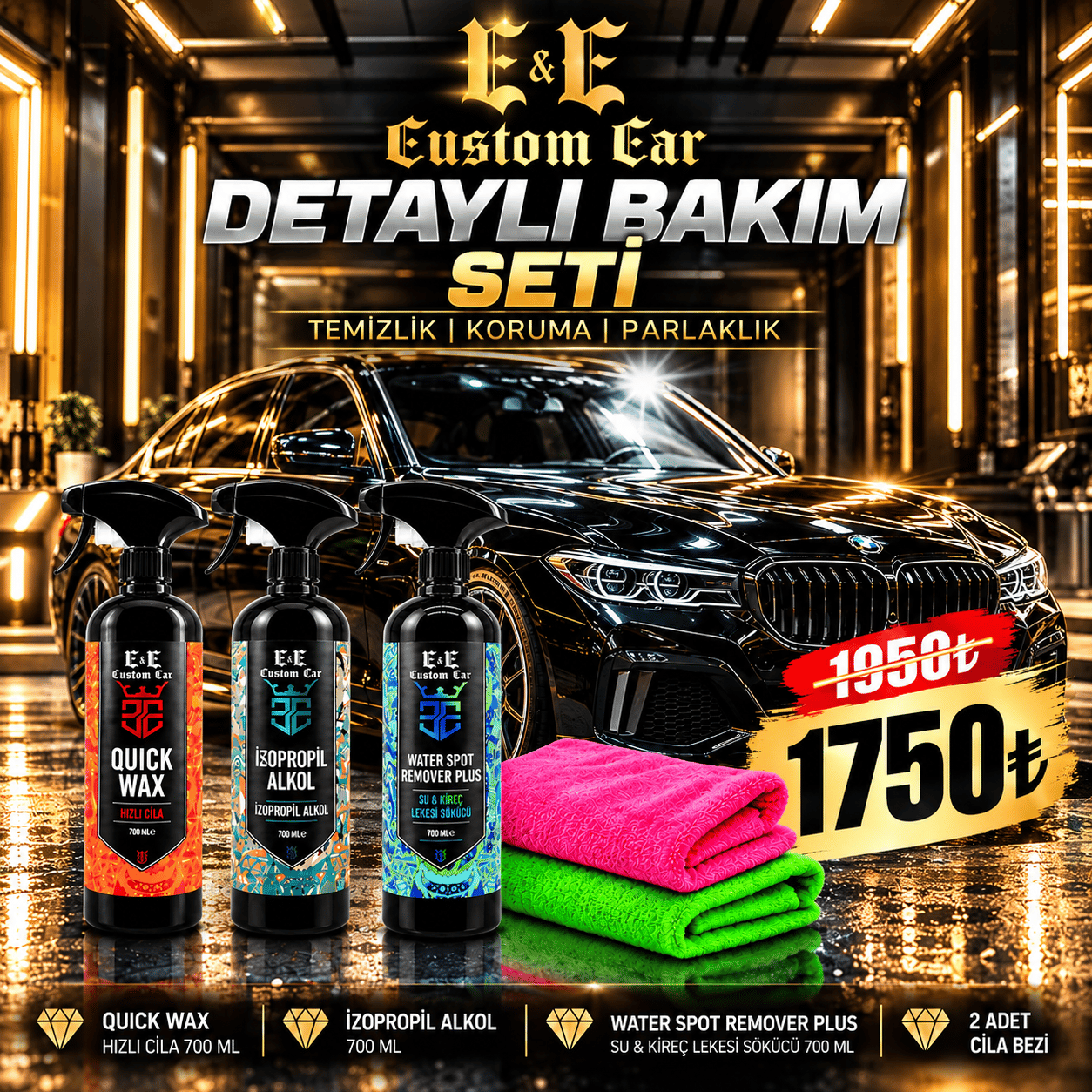 EE CUSTOM CAR İZOPROPİL ALKOL 700 ML + QUICK WAX 700 ML + CİLA BEZİ (2 ADET)