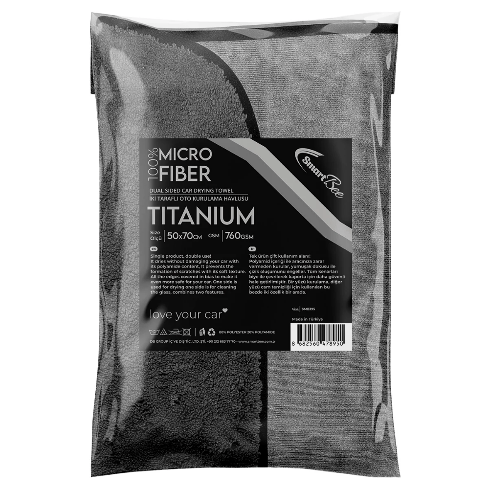 SMARTBEE TITANIUM MİKROFİBER ÇİFT TARAFLI OTO KURULAMA VE CAM BEZİ 50x70CM (760 GSM)