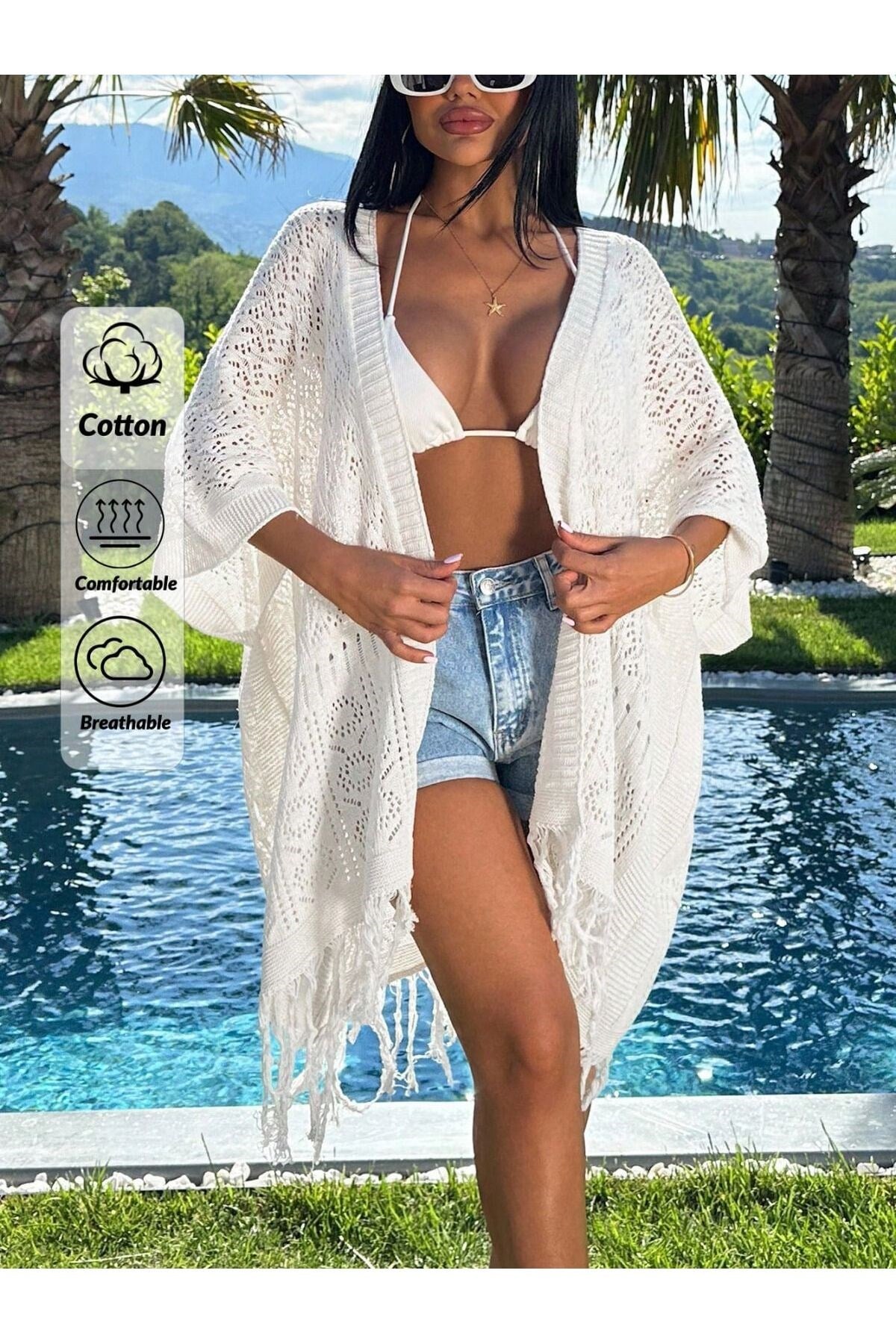 Yazlık Tığ İşi Kimono Kadın Plaj Pareo Püsküllü Hırka Ceket