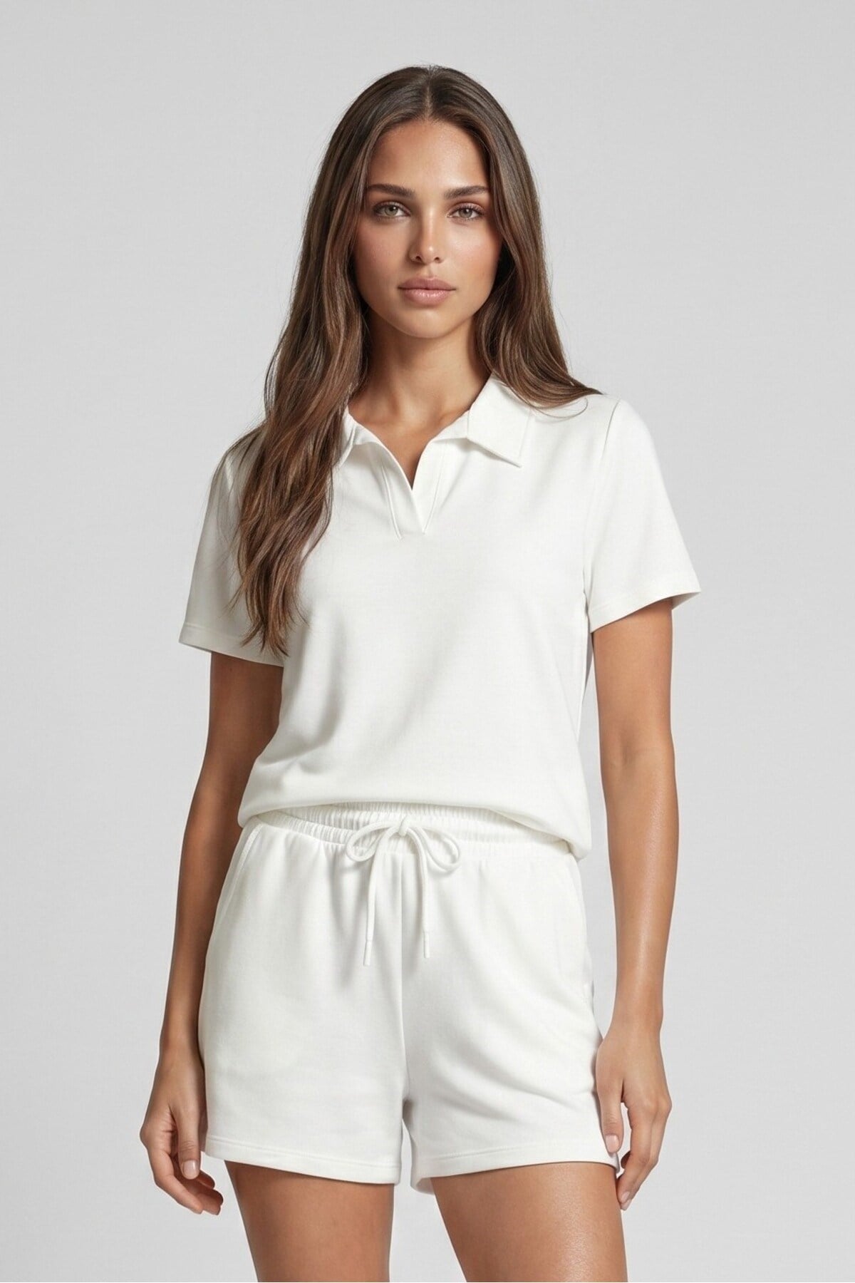 KADIN SOFT ÖRME KUMAŞ POLO YAKA BLUZ VE BELİ LASTİKLİ ŞORT İKİLİ TAKIM