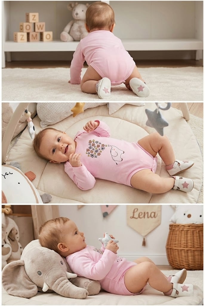 Bebek Fil ve Çiçek Baskılı Uzun Kollu Çıtçıtlı Body Zıbın