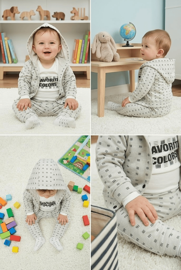 Bebek Kapüşonlu Fermuarlı Tulum Baskılı Body ve Pantolon 3'lü Set