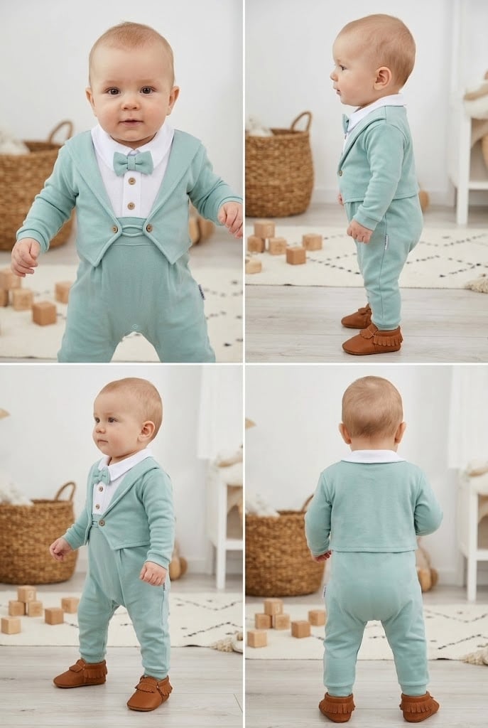 Erkek Bebek Beyaz Papyonlu Yelekli Tulum Takımı