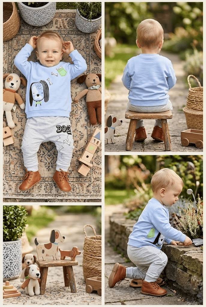 Erkek Bebek Köpek Baskılı ve Omuzdan Çıtçıtlı Sweatshirt Eşofman Takımı