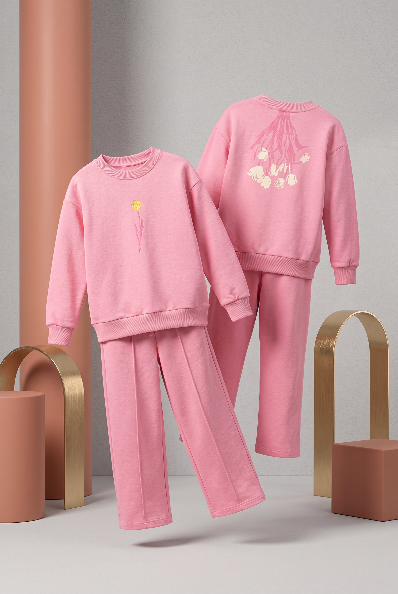 Kız Çocuk Çiçek Baskılı Sırt Detaylı Sweatshirt İkili Takım 2 İplik
