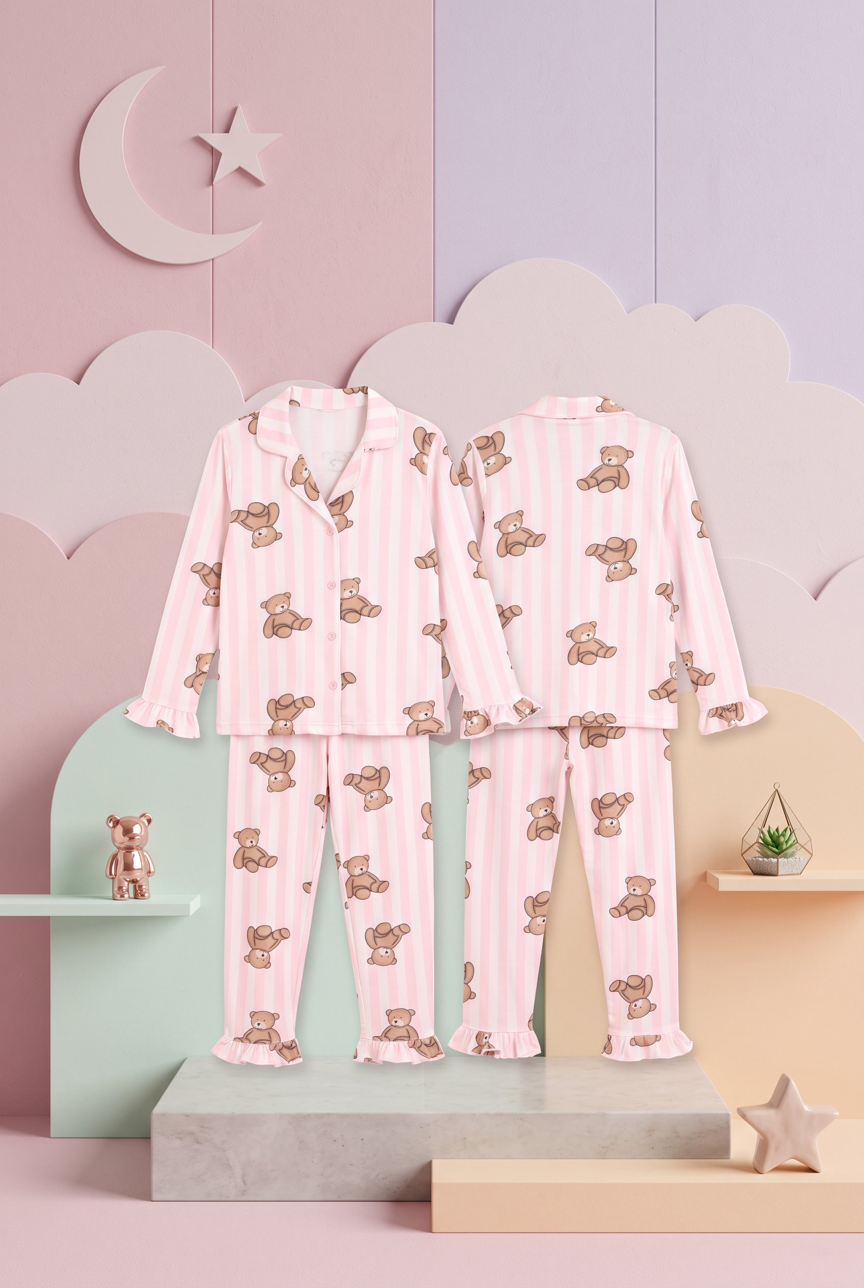 Kız Çocuk Çizgili Ayıcık Figürlü Yumuşak Doku Kumaş Pijama Takımı