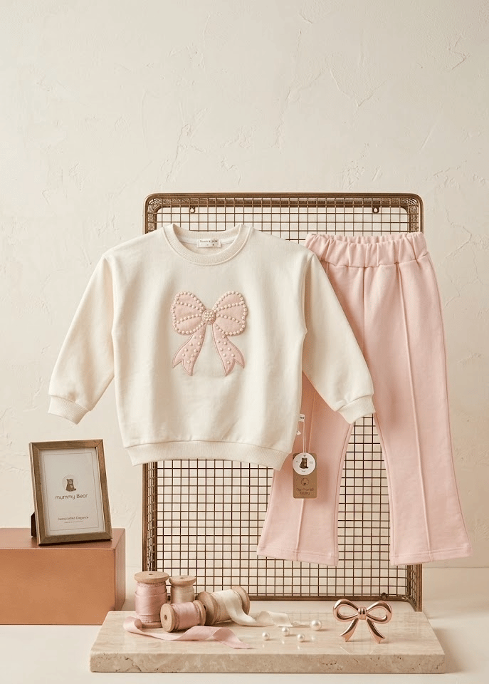 Kız Çocuk İnci Fiyonk Detaylı Sweatshirt ve İspanyol Paça Pantolon Takım