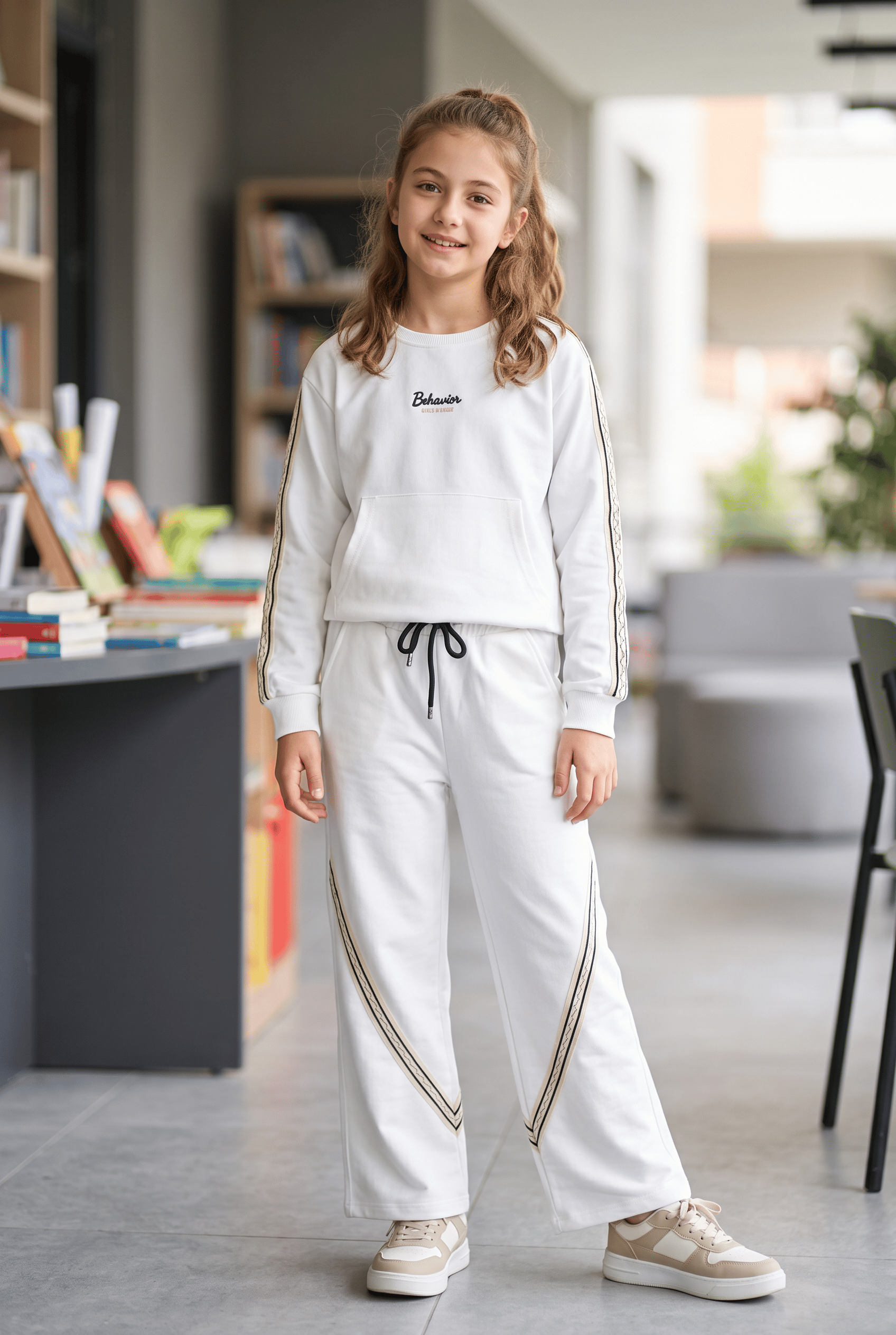 Kız Çocuk Krem Şeritli Sweatshirt Eşofman Altı İkili Takım 2 İP