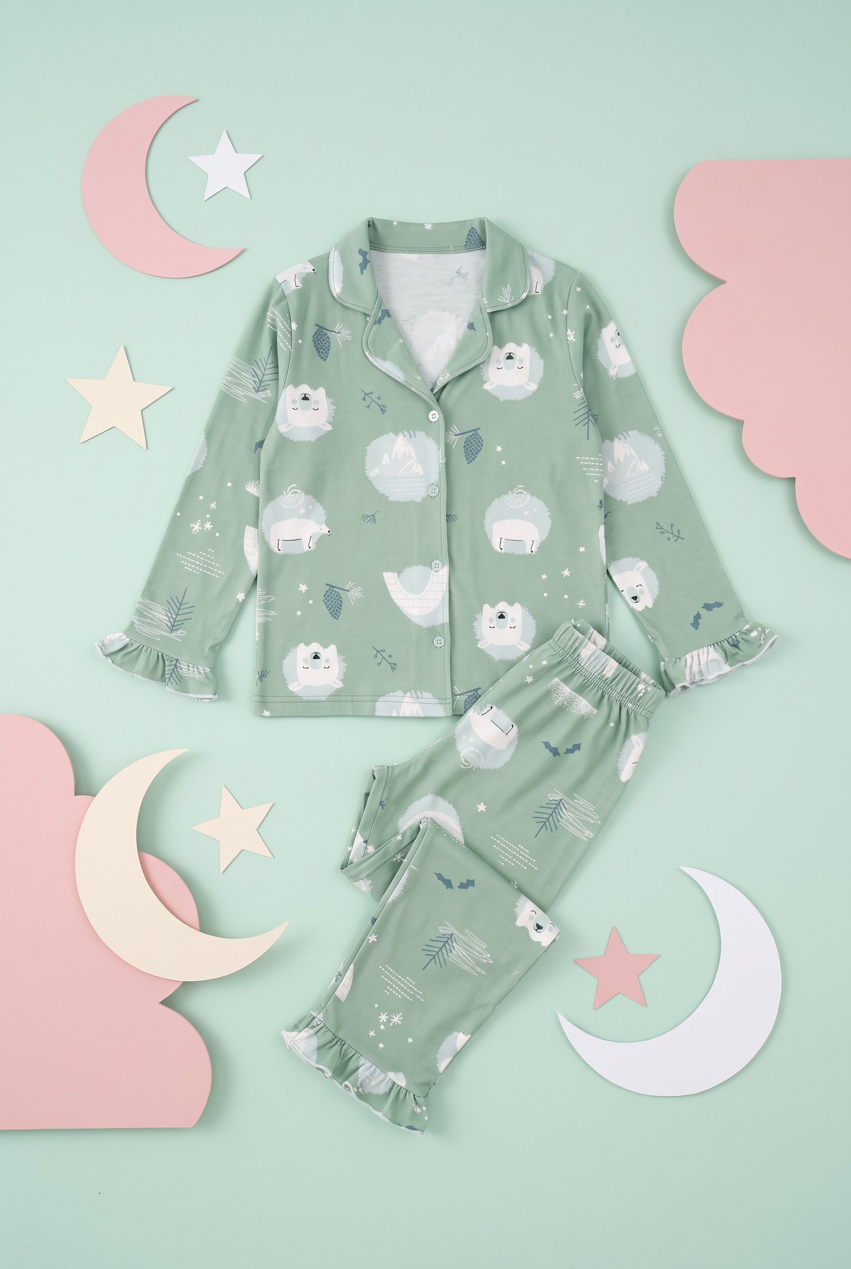 Kız Çocuk Pijama Takımı Gömlek Yaka Düğmeli Kutup Ayısı Figürlü Yumuşak Dokulu 2 İplik Kumaş