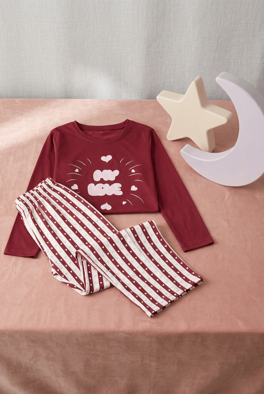 Kız Çocuk Pijama Takımı My Love Baskılı Kalp Desenli Yumuşak Dokulu 2 İplik Kumaş