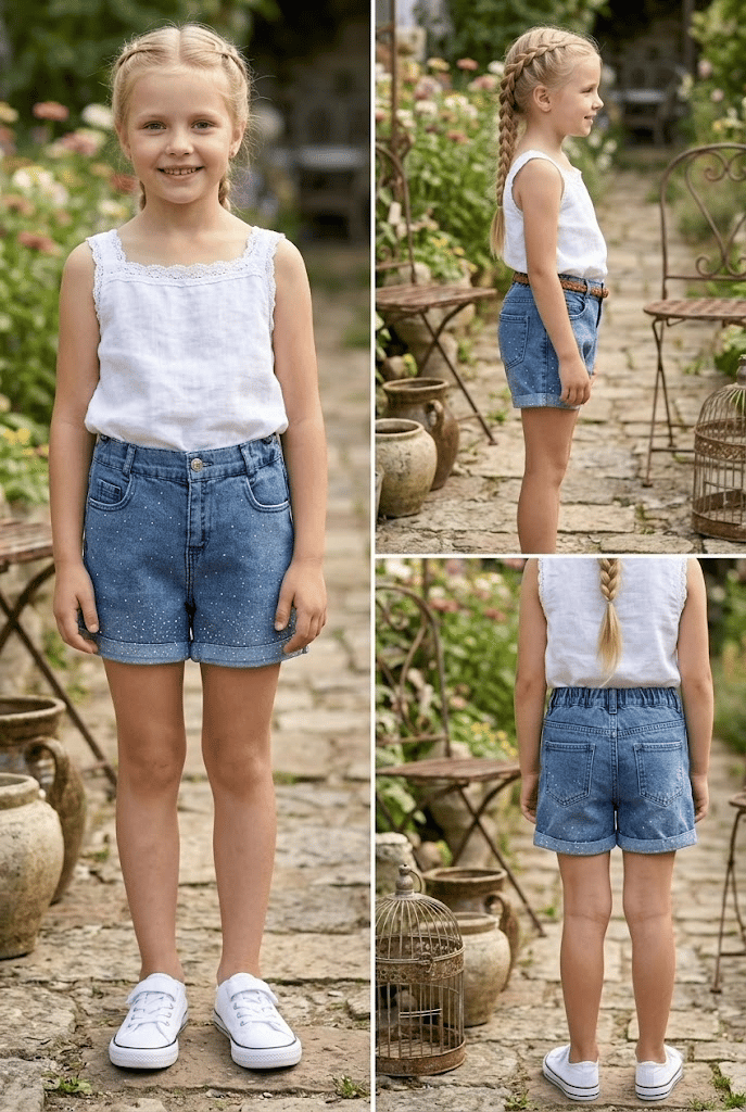 Kız Çocuk Taş İşlemeli Lastikli Denim Kot Şort