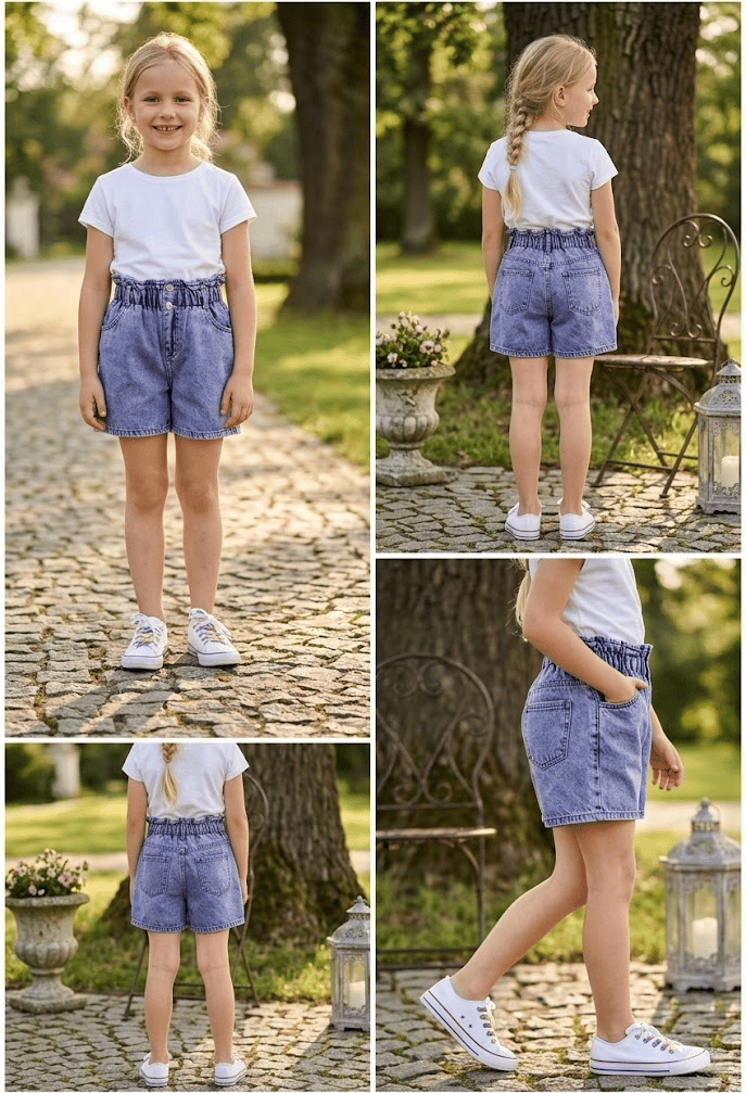 Kız Çocuk Yüksek Büzgülü Bel Çift Düğmeli Kar Yıkama Denim Şort