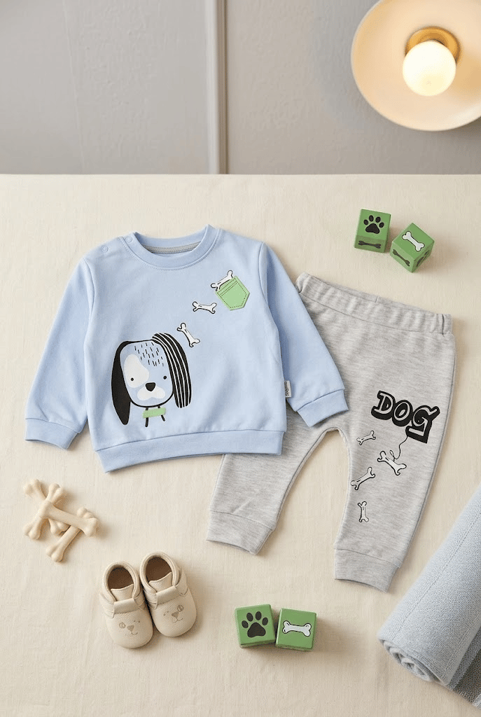 Köpek Baskılı Omuzdan Çıtçıtlı Erkek Bebek Takım