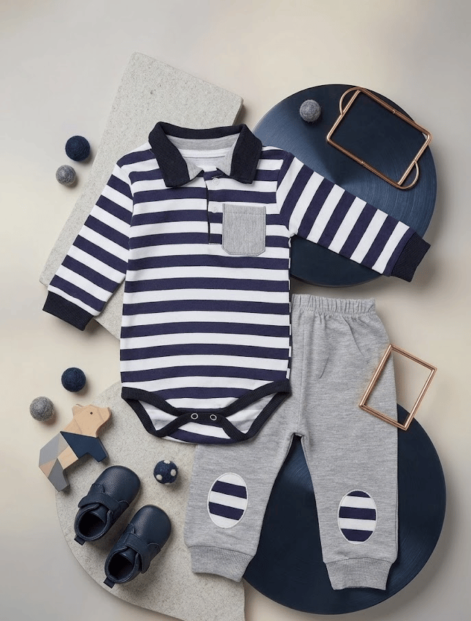 Polo Yaka Çizgili Erkek Bebek Çıtçıtlı Takım