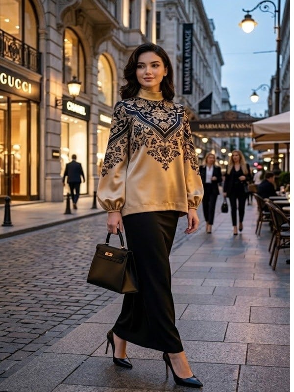 Altın Siyah Yaprak Desenli Jasmine Bluz