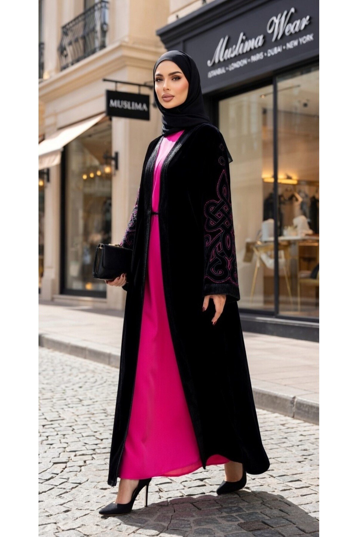 Black Ruby Siyah Pembe Çizgili Oymataş Desenli Kadife Abaya