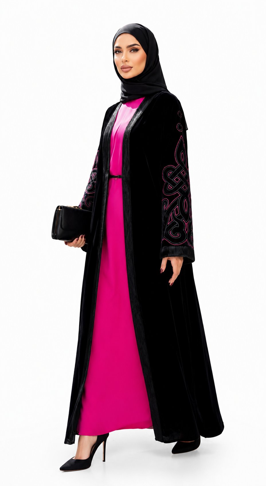 Black Ruby Siyah Pembe Çizgili Oymataş Desenli Kadife Abaya