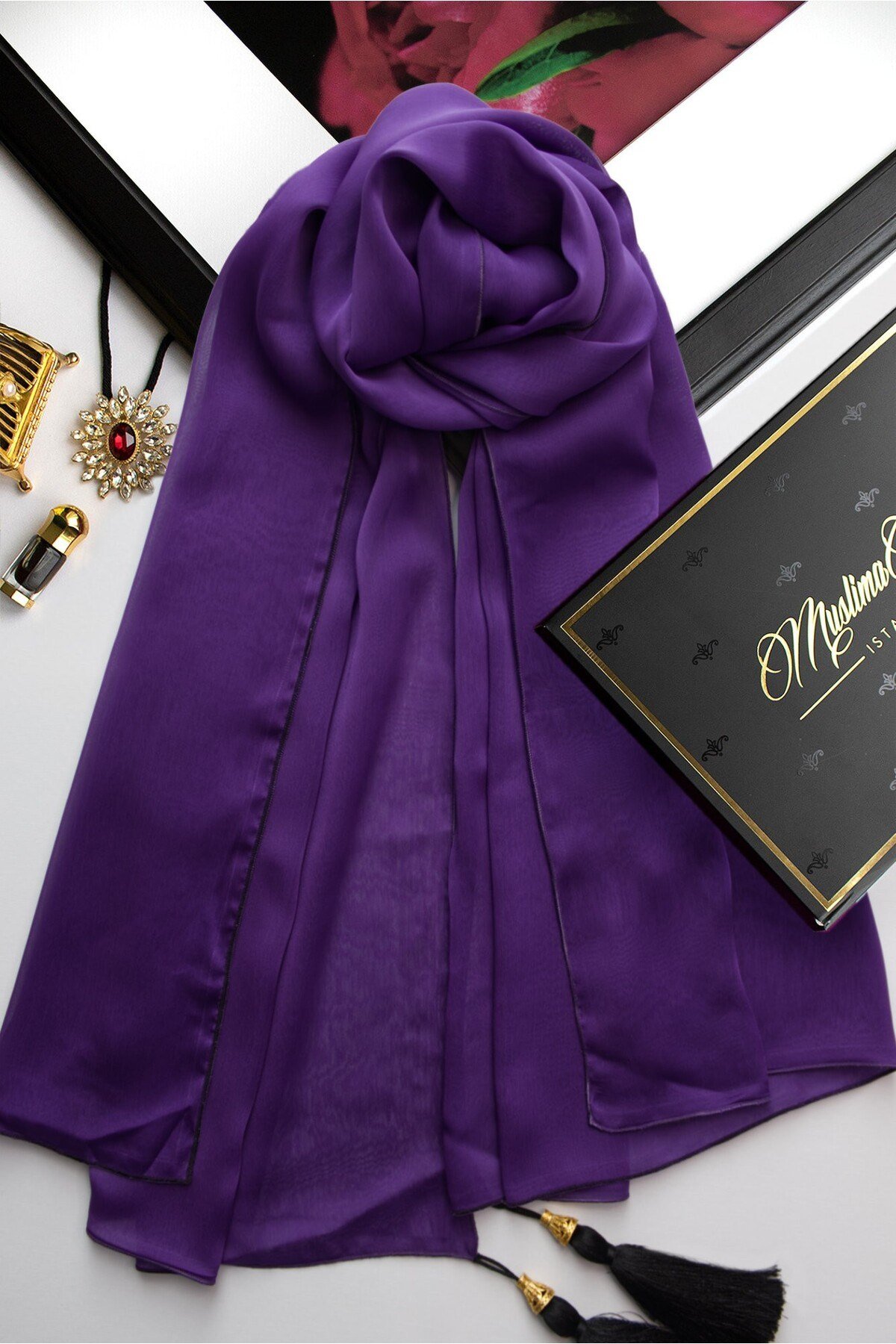 Muslima Violet Püsküllü Fransız Şifon Kumaş Şal
