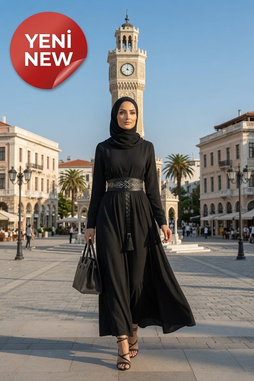 Noir Elegance Premium Siyah Fransız Şifon Tesettür Abiye Elbise