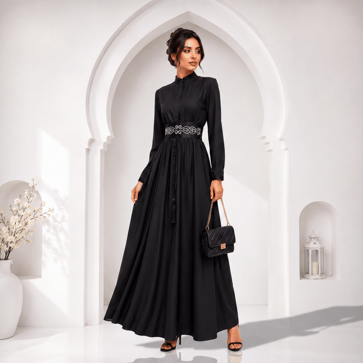 Noir Elegance Premium Siyah Fransız Şifon Tesettür Abiye Elbise