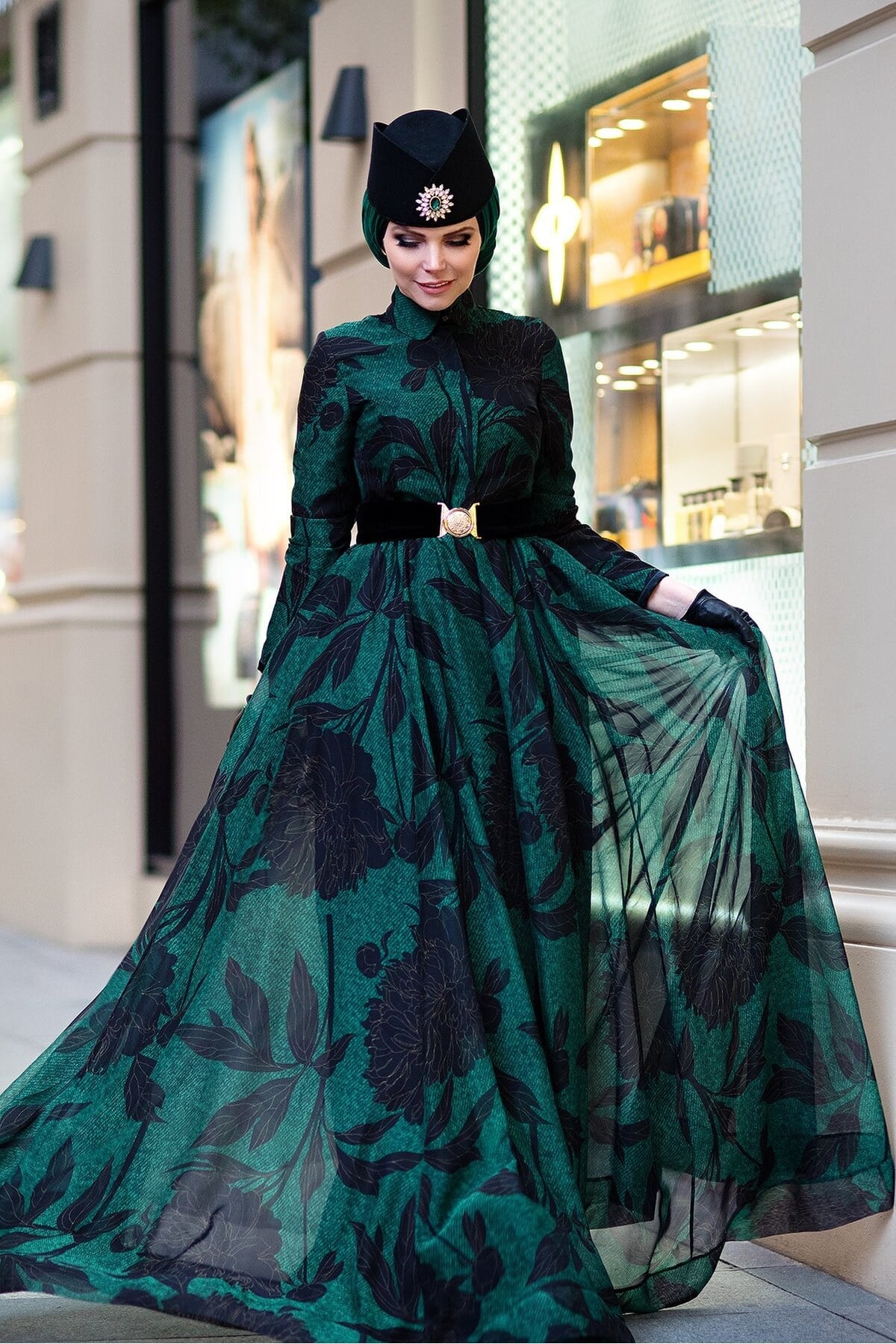 Peony Green Polo Yaka Siyah Yaprak Desenli Tüllü Şifon Elbise