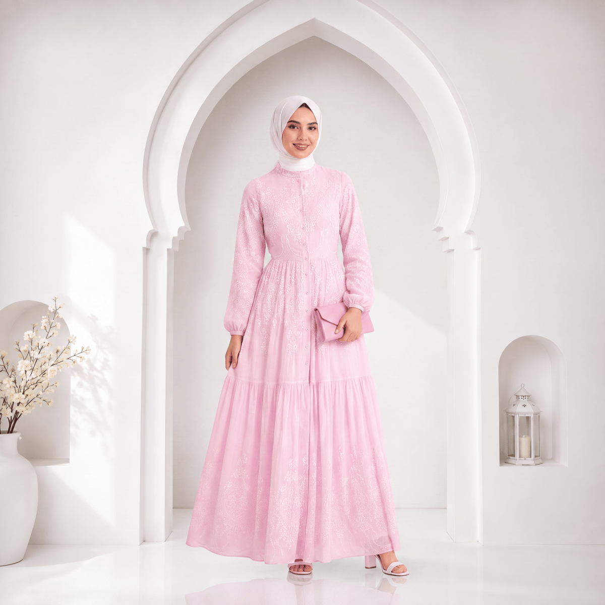Perla Rosa İnci Düğmeli Pembe Gül Desenli Kadın Elbisesi
