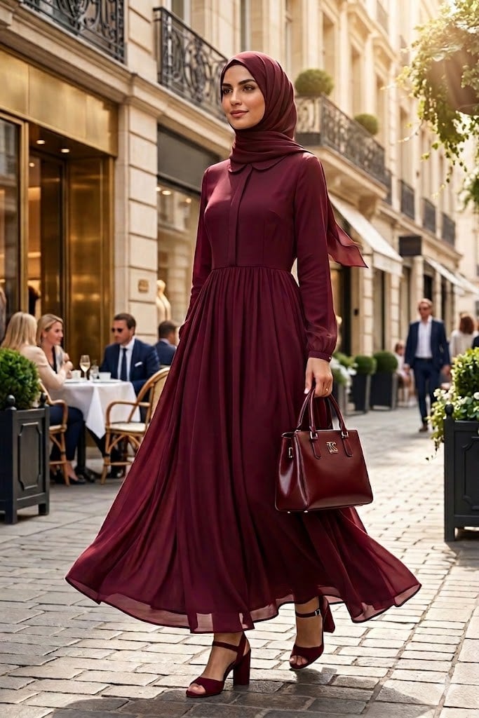 Rosalie Couture Bordo Fransız Şifon Tesettür Abiye