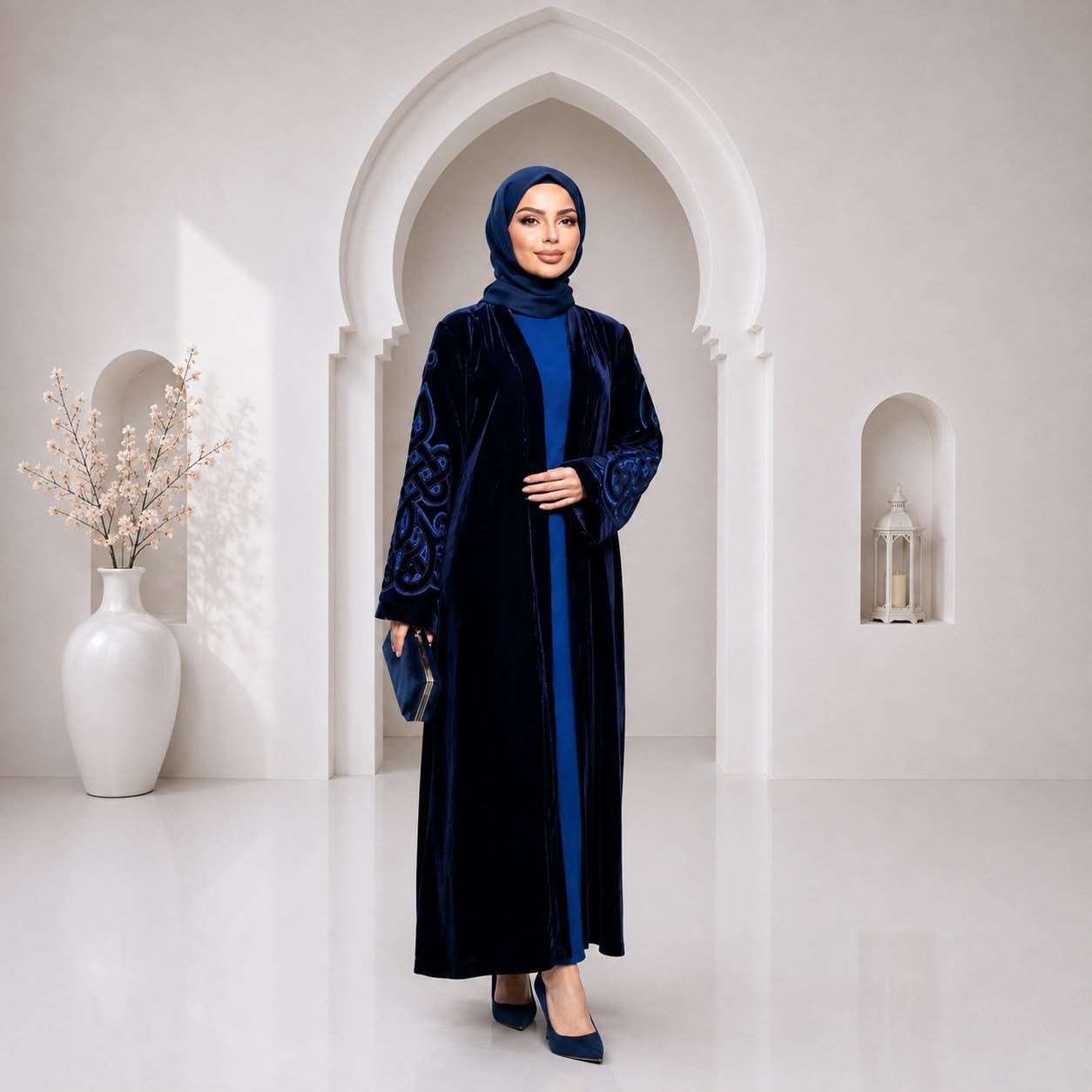 Saks Mavisi Japon Kadife Oryantal Desen Kollar Nakış İşlemeli Bilek Şeritli Abaya