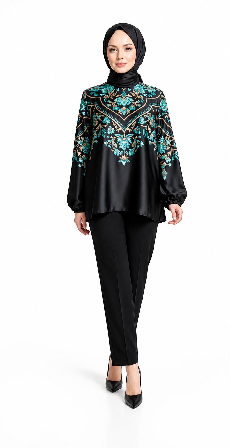 Siyah Gold Yaprak Desenli Jasmine Bluz