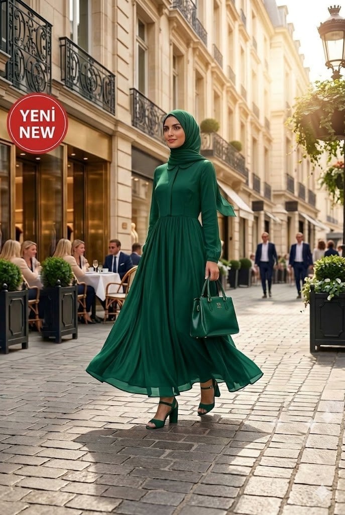Étoile de Paris Koyu Yeşil Fransız Şifon Tesettür Abiye