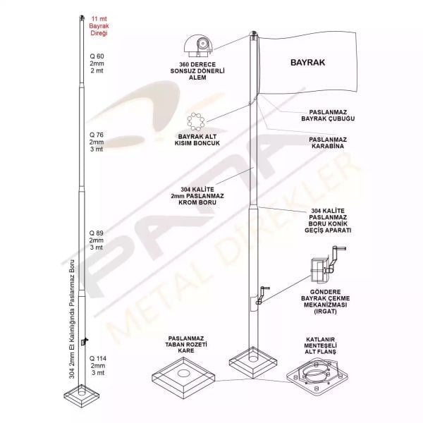11 Metre İnox 304 Kalite Paslanmaz Krom Çelik Standart Bayrak Direği