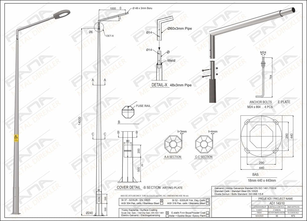 14 Metre Tek Konsol AD1 140 10 Konsol Boyu 1 Metre Yeni Tedaş Galvaniz Poligon Sokak Aydınlatma Direği