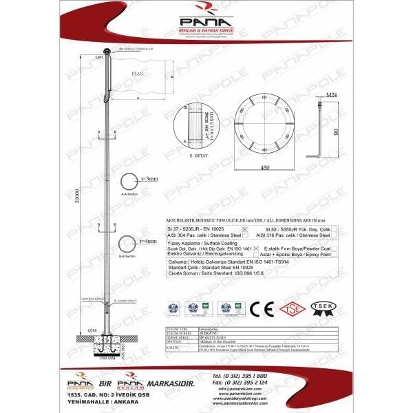 20 Metre Galvaniz Bayrak Direği