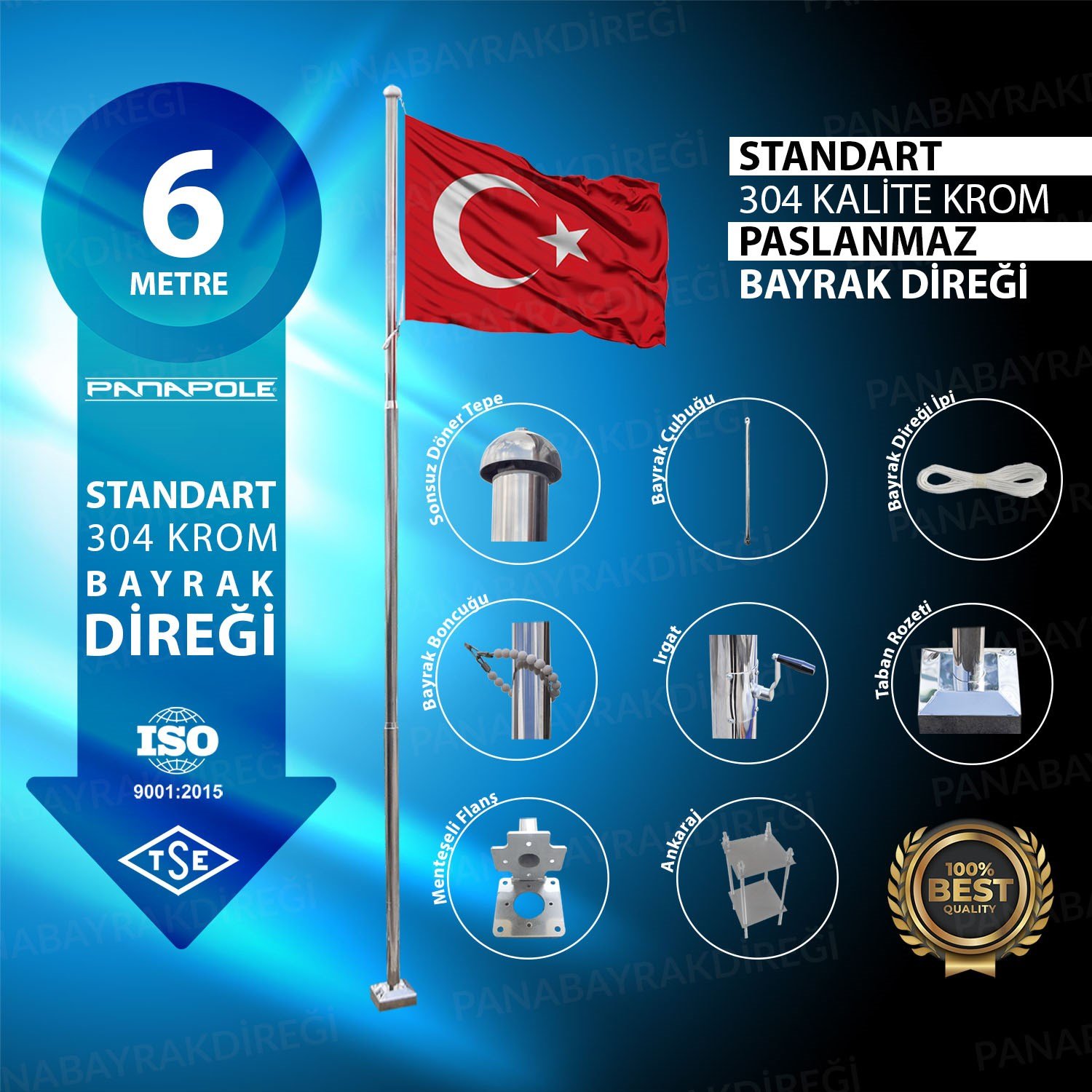 6 Metre İnox 304 Kalite Paslanmaz Krom Çelik Standart Bayrak Direği