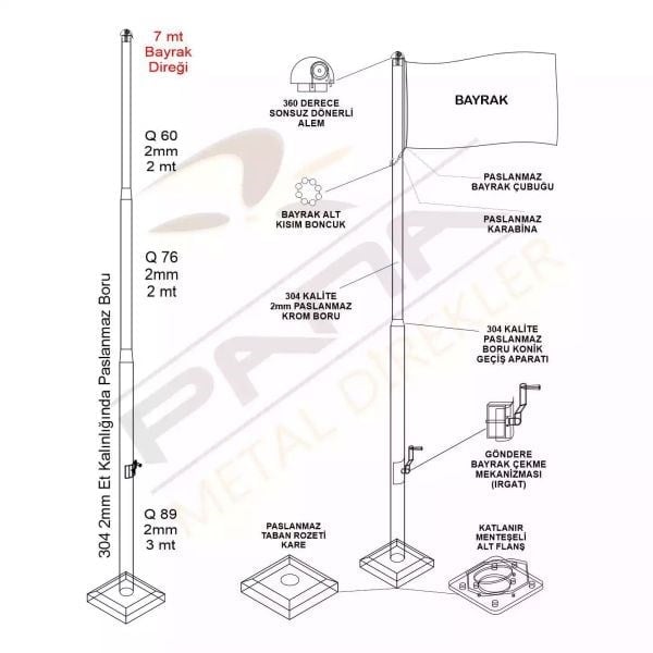 7 Metre İnox 304 Kalite Paslanmaz Krom Çelik Standart Bayrak Direği