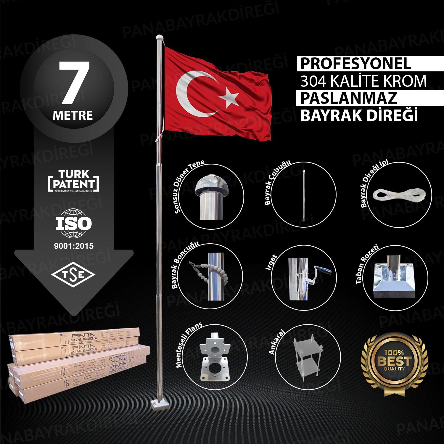 7 Metre İnox 304 Kalite Paslanmaz Krom Çelik Profesyonel Bayrak Direği