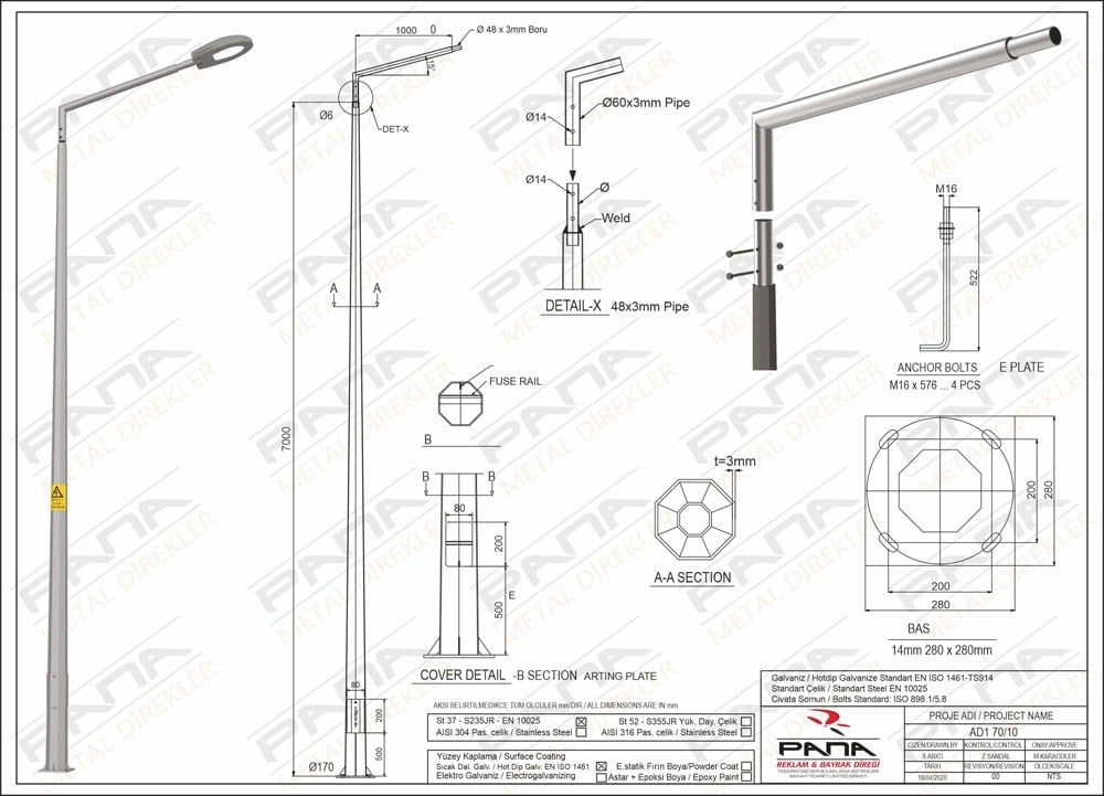 7 Metre Tek Konsol AD1 70 10 Konsol Boyu 1 Metre Yeni Tedaş Galvaniz Poligon Sokak Aydınlatma Direği