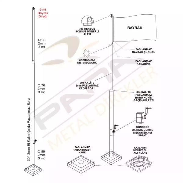9 Metre İnox 304 Kalite Paslanmaz Krom Çelik Standart Bayrak Direği