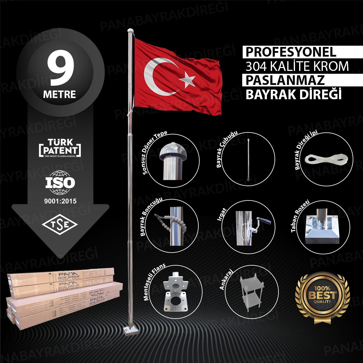 9 Metre İnox 304 Kalite Paslanmaz Krom Çelik Profesyonel Bayrak Direği