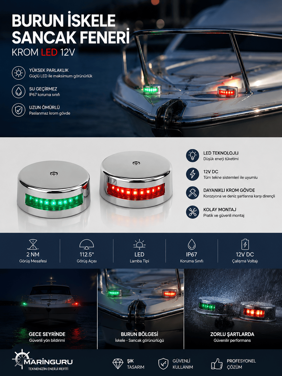 BURUN İSKELE SANCAK FENERİ KROM LED 12V