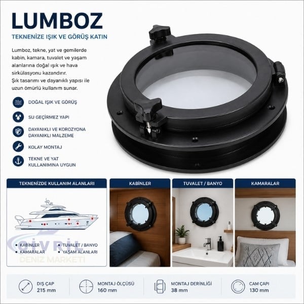 LUMBOZ PLASTİK YUVARLAK SİYAH -DIŞ ÇAP:215 MONTAJ DERİNLİĞİ:38MM MONTAJ ÖLÇÜSÜ :160MM CAM ÇAPI:130MM