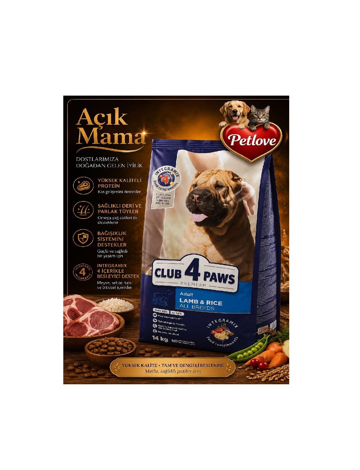 (AÇIK)  CLUB 4 PAWS “KUZU ETLİ & PİRİNÇLİ” TÜM YETİŞKİN KÖPEKLER İÇİN KOMPLE KURU KÖPEK MAMASI 1 KG