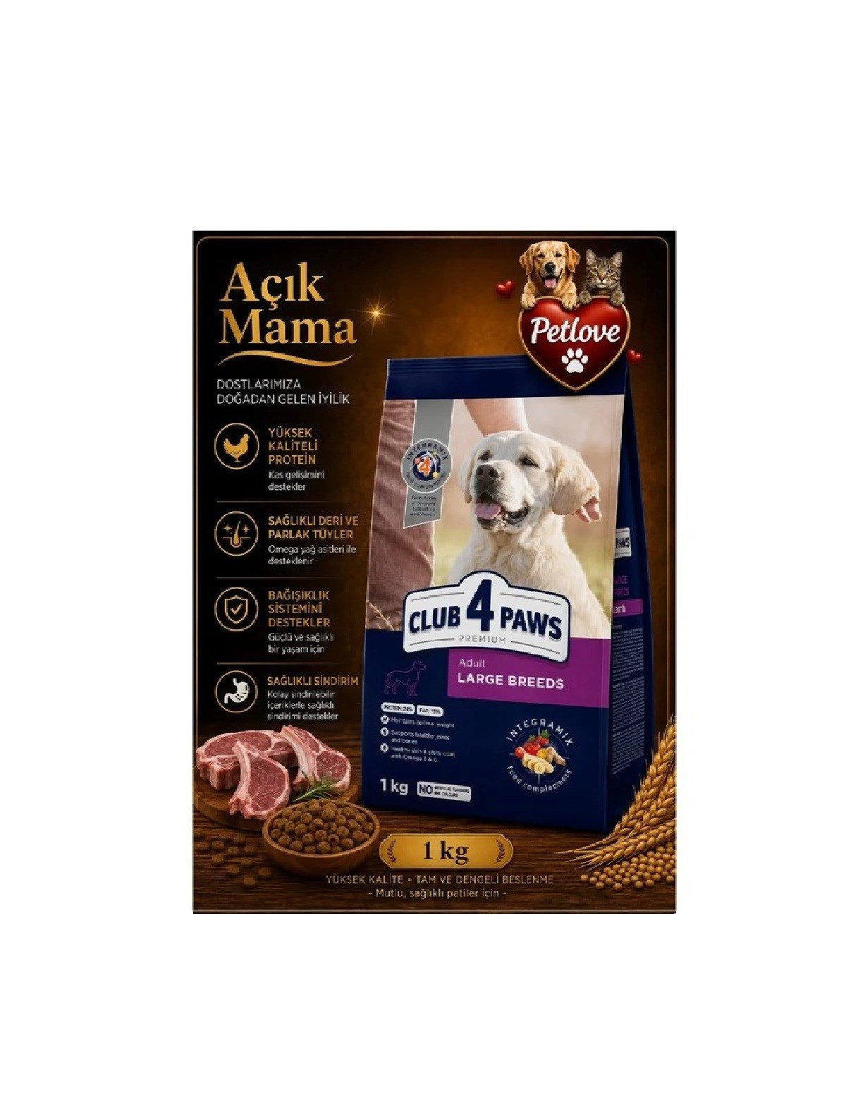 (AÇIK) CLUB 4 PAWS PREMIUM BÜYÜK IRK YETİŞKİN KUZULU  KÖPEK MAMASI  1 KG