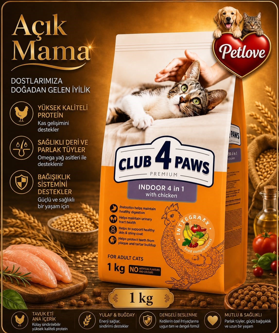(AÇIK) CLUB 4 PAWS PREMIUM “INDOOR 4 IN 1” YETİŞKİN KEDİ KUZU ETLİ KEDİ MAMASI 1 KG
