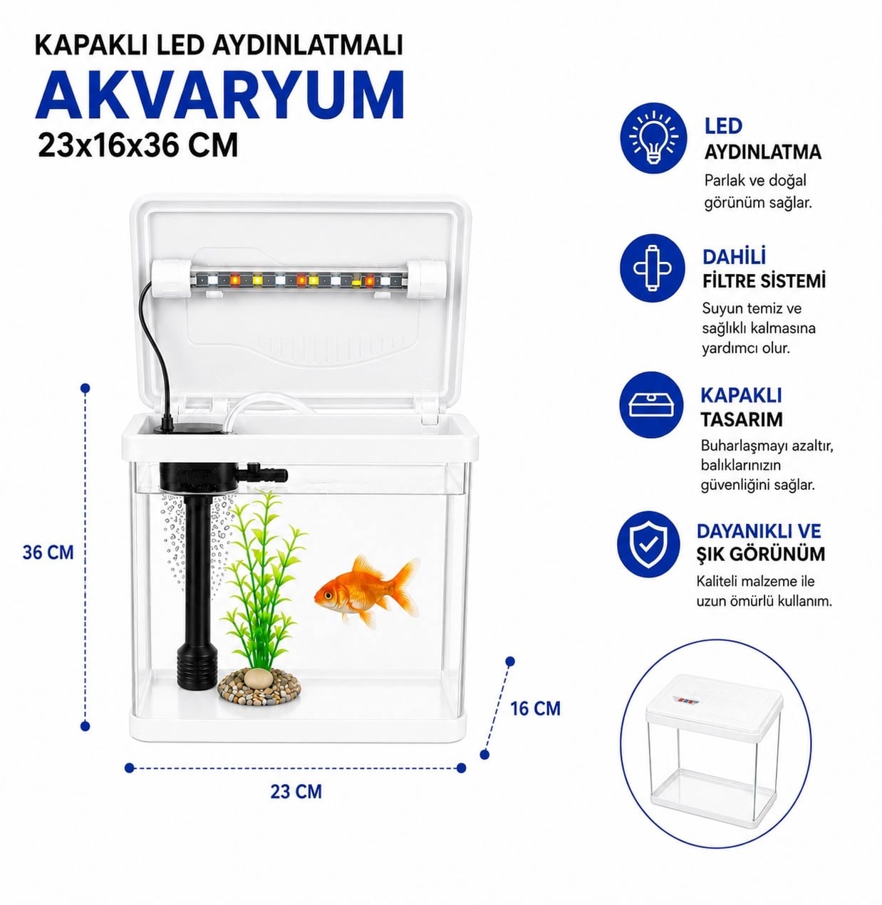 MAKRO İTHAL AKVARYUM 23*16*36 BEYAZ 7 LİTRE