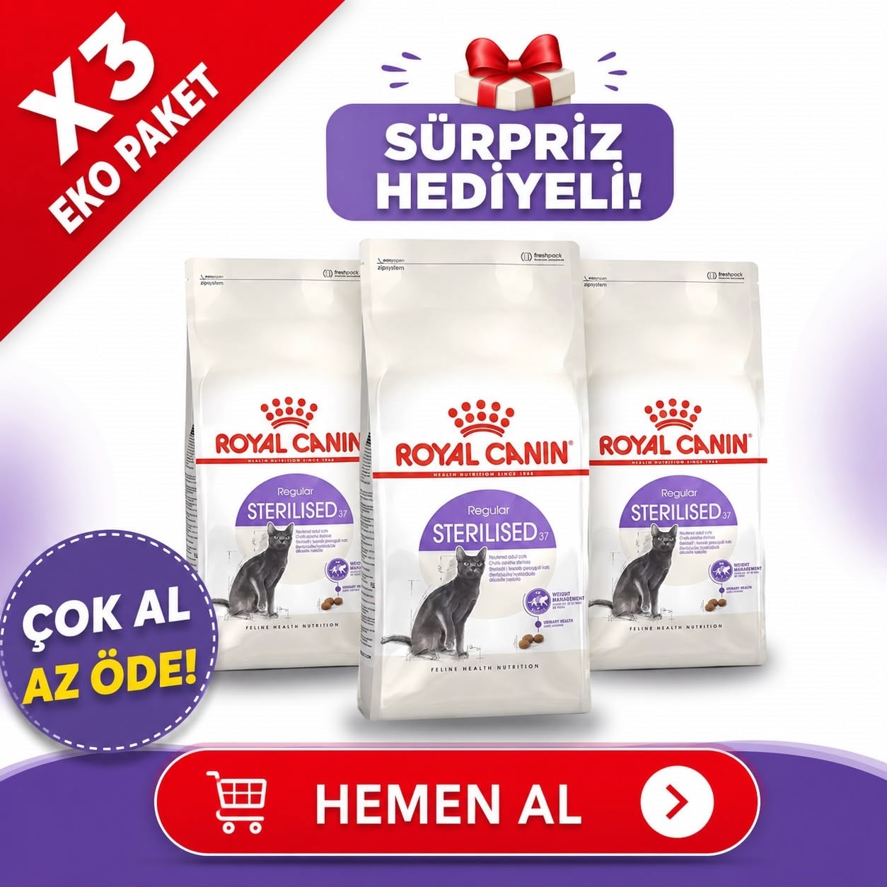 Royal Canin Sterilised 37 Kısırlaştırılmış Kedi Maması 4 Kg X 3'lü Eko Paket